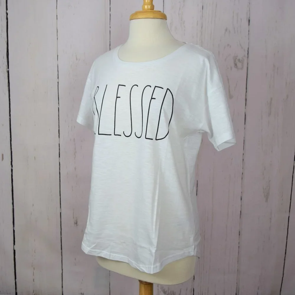 Rae Dunn "Blessed" White T-Shirt Graphic Tee Cotton Women's XS NWT - Picture 5 of 6